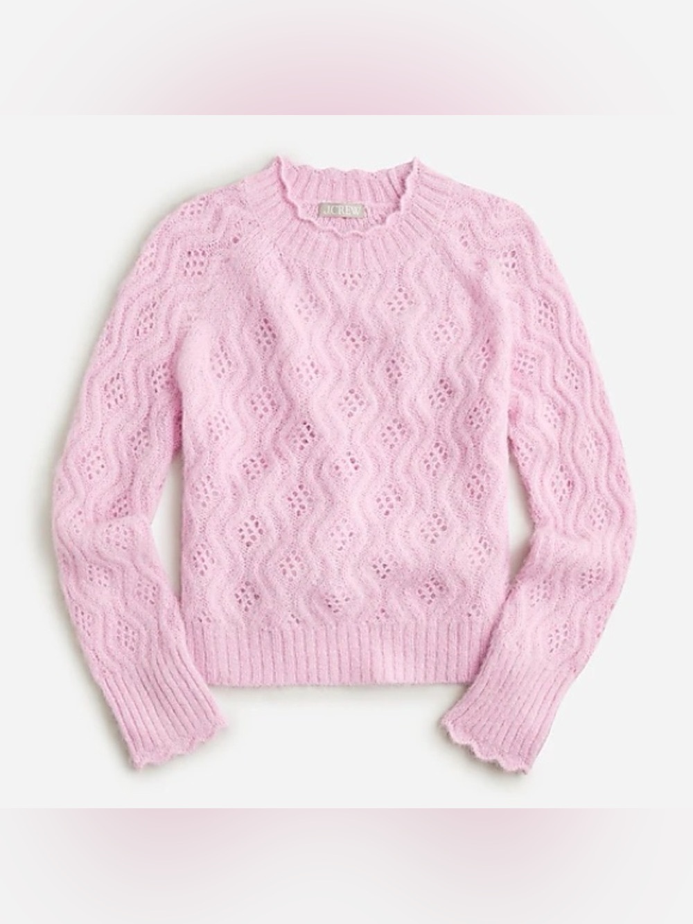 J. CREW Pointelle Scallop-Trim Light Pink Open-Work Crewneck Sweater